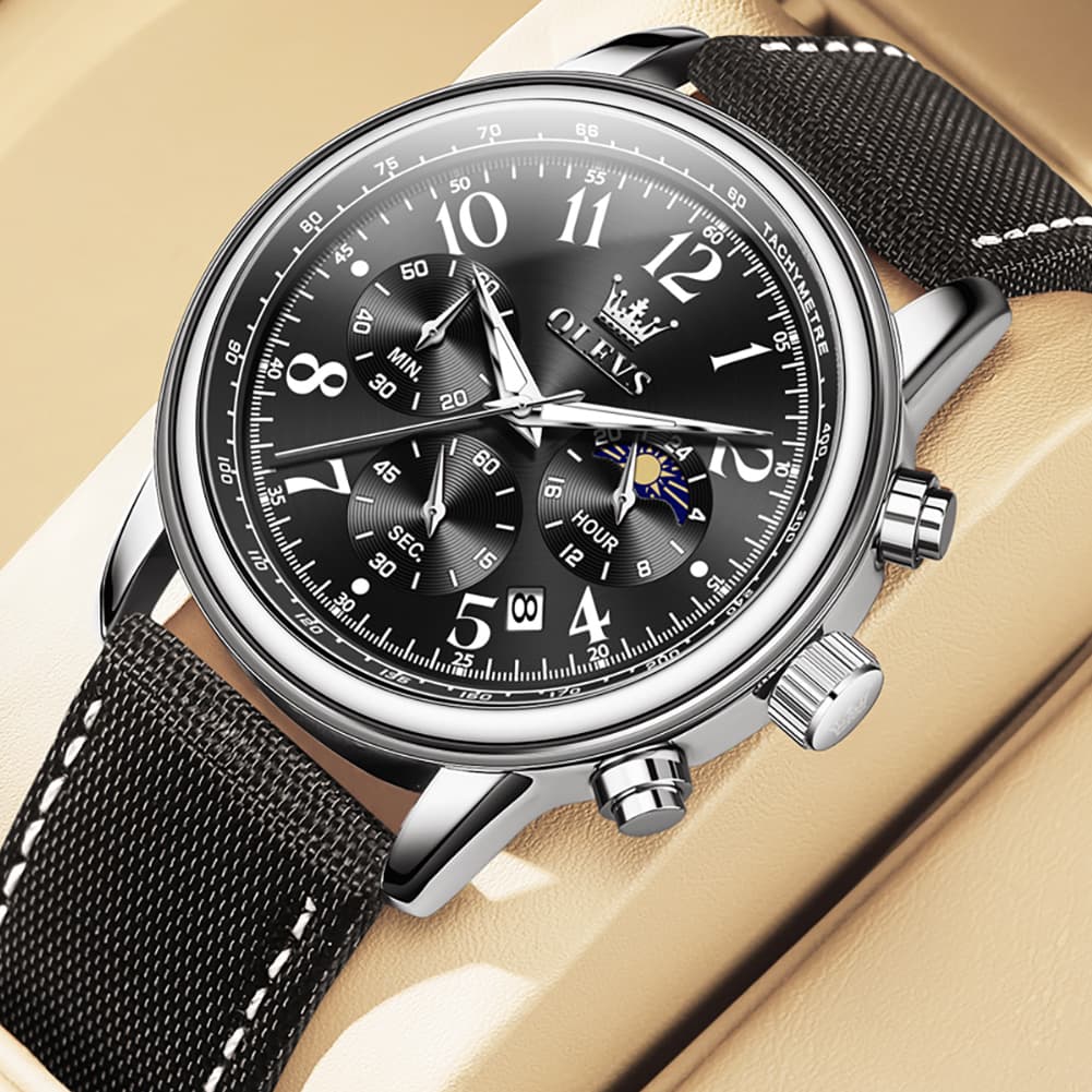 OLEVS 2912 Leather Chronograph Moon Phase Watch for Men - Silver Black Watch | Olevs Watch Store