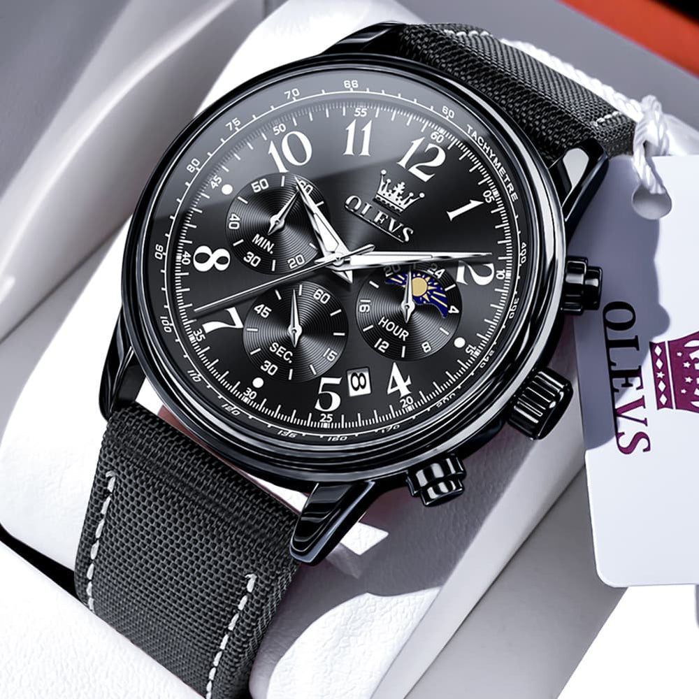 OLEVS 2912 Leather Chronograph Moon Phase Watch for Men - Silver Black Watch | Olevs Watch Store