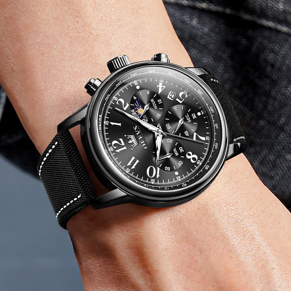 OLEVS 2912 Leather Chronograph Moon Phase Watch for Men - Silver Black Watch | Olevs Watch Store