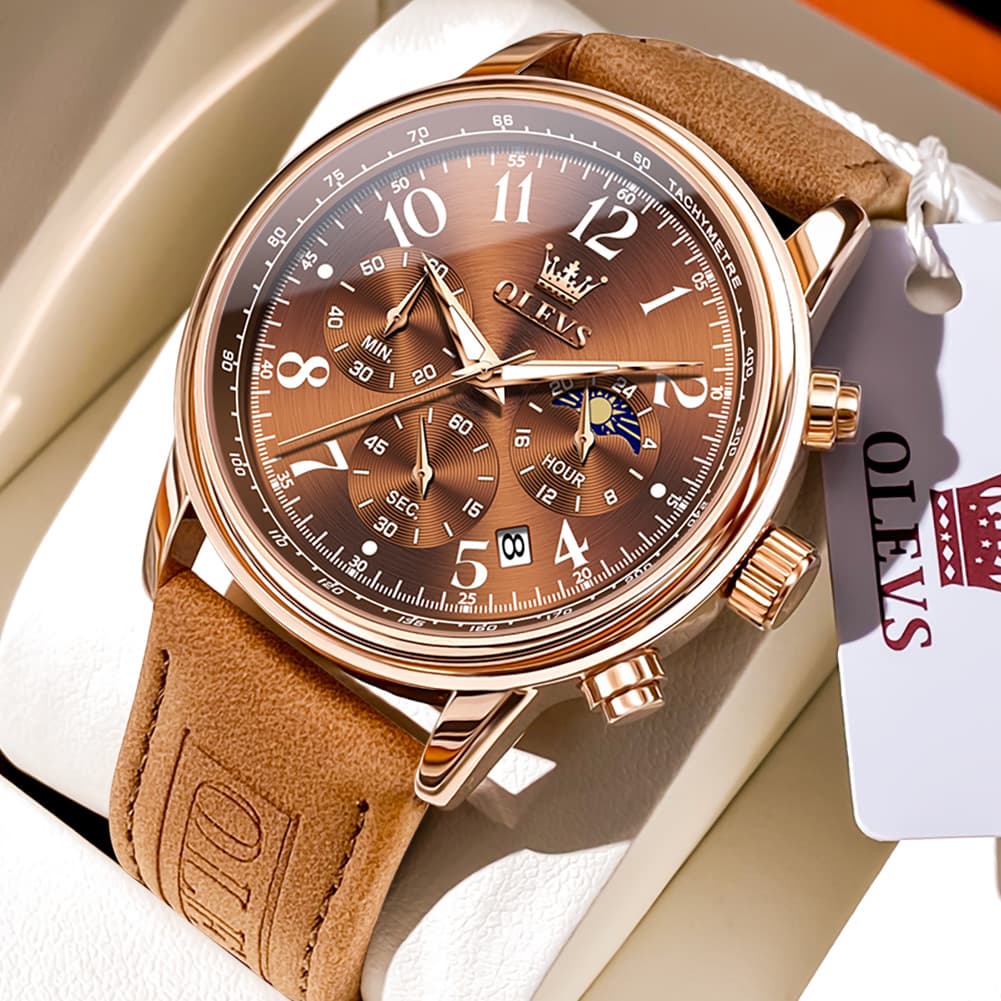OLEVS 2912 Leather Chronograph Moon Phase Watch for Men - Silver Black Watch | Olevs Watch Store