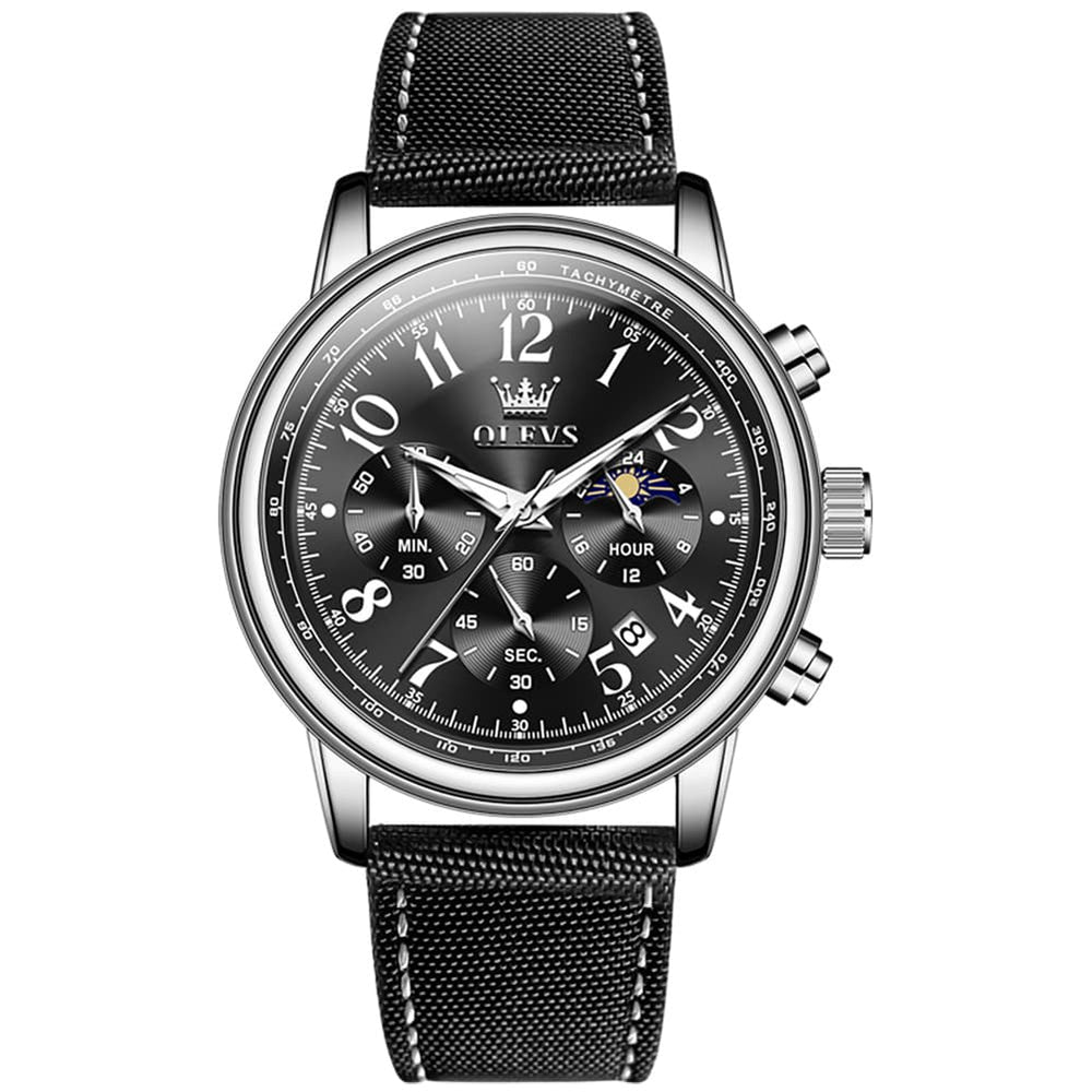 OLEVS 2912 Leather Chronograph Moon Phase Watch for Men - Silver Black Watch | Olevs Watch Store