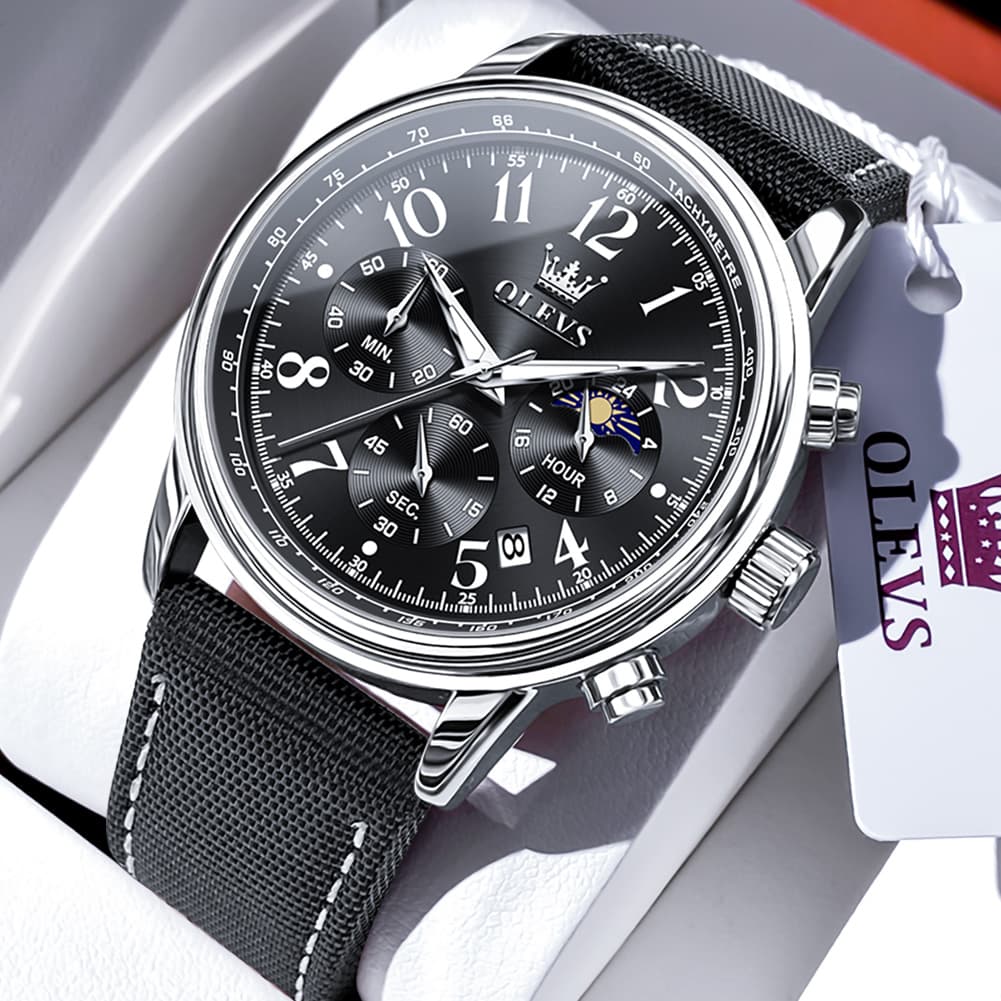 OLEVS 2912 Leather Chronograph Moon Phase Watch for Men - Silver Black Watch | Olevs Watch Store