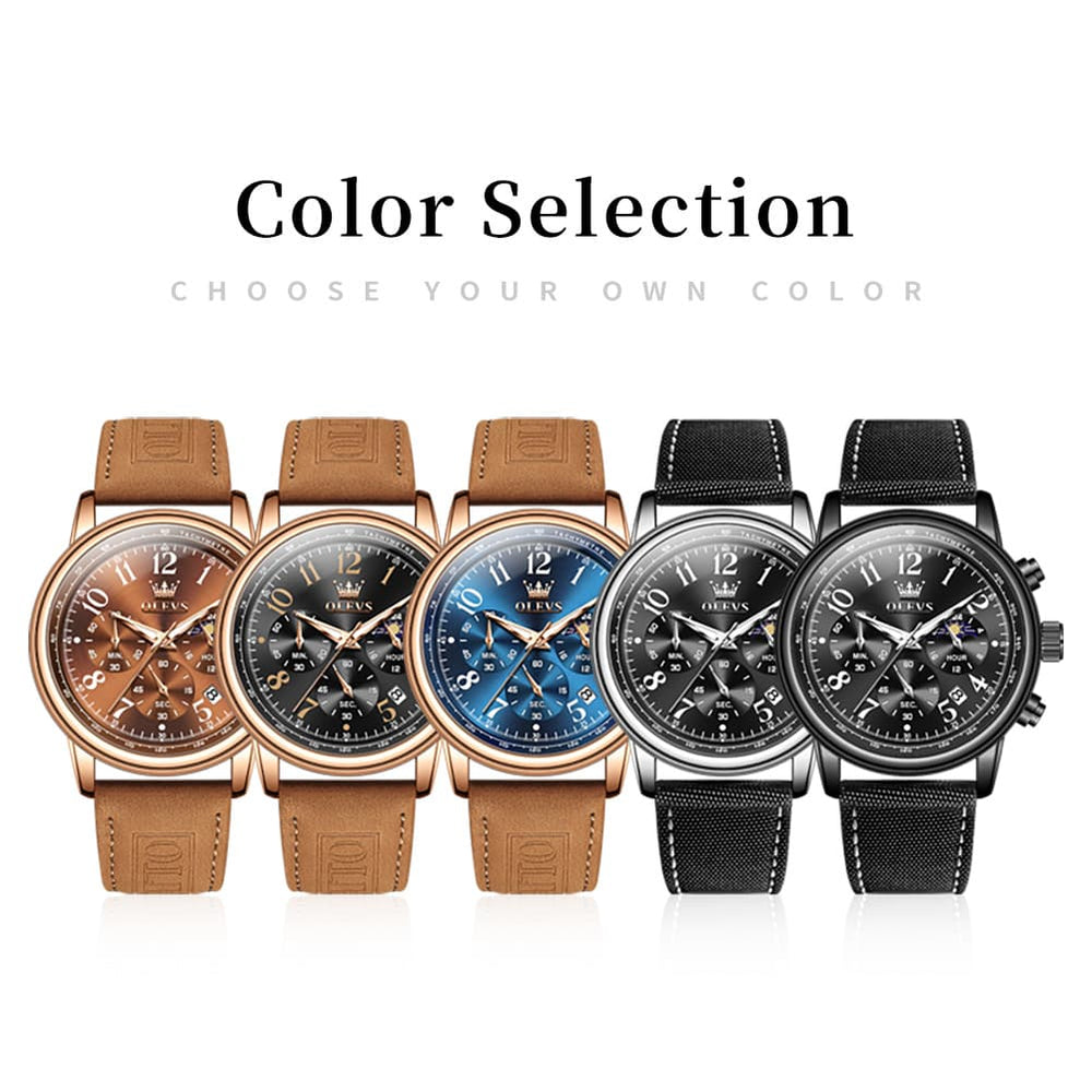 OLEVS 2912 Leather Chronograph Moon Phase Watch for Men - Silver Black Watch | Olevs Watch Store