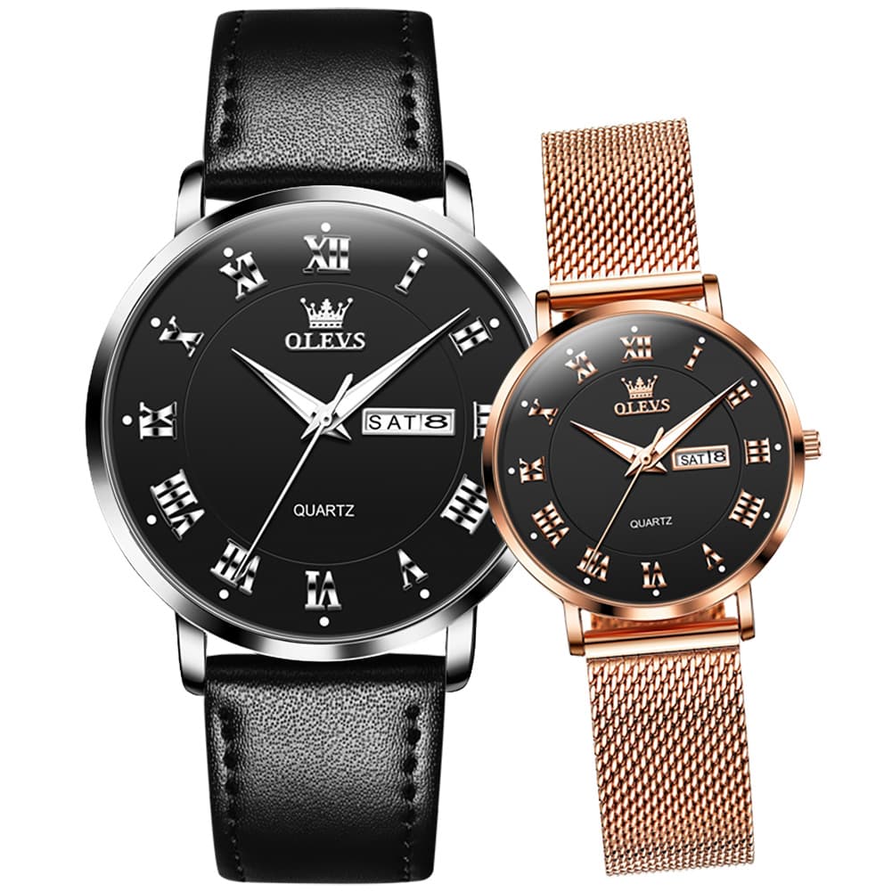 OLEVS 2920 Day Date Quartz Couples Watch Set Men Women - Black Leather & Black Mesh Watch | Olevs Watch Store