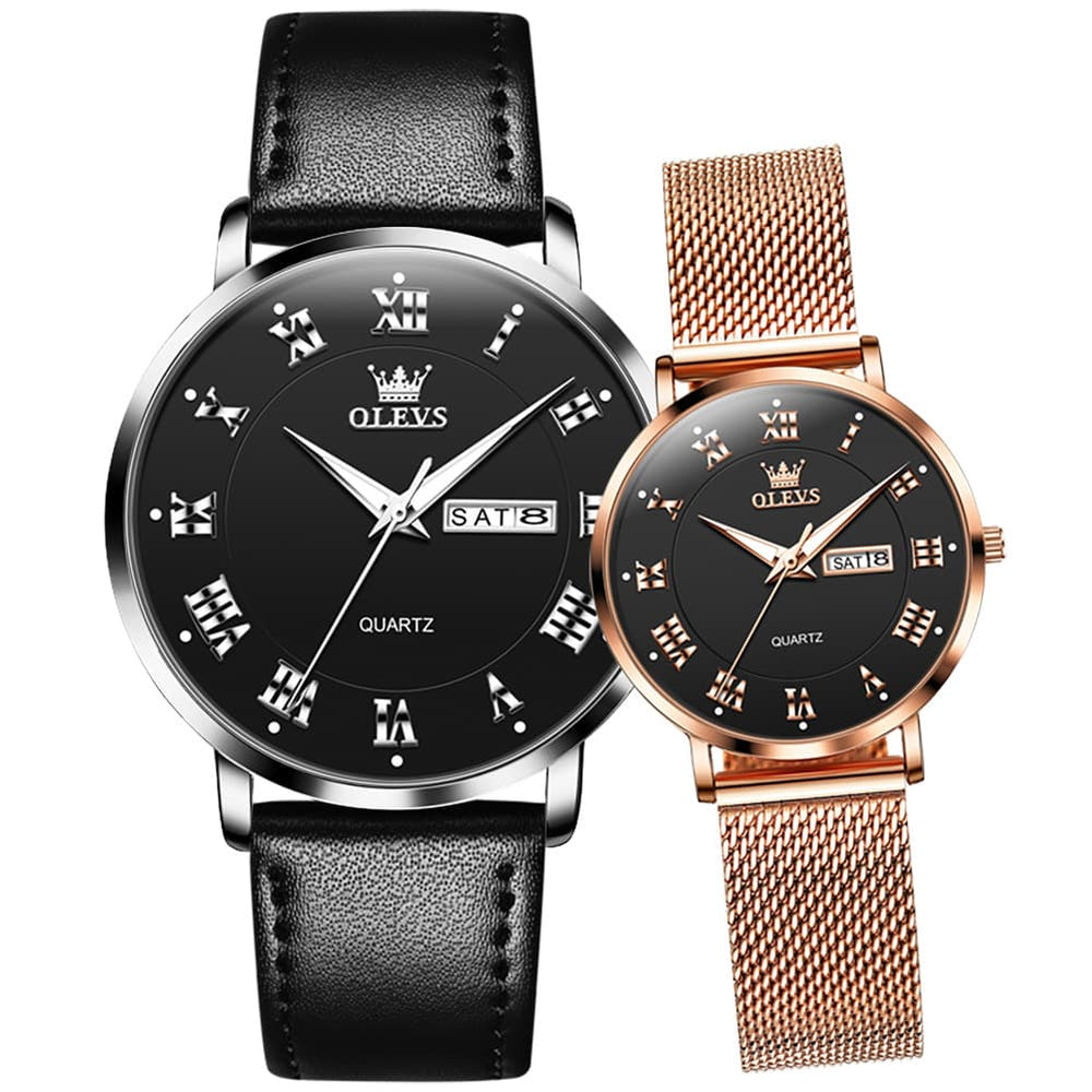OLEVS 2920 Day Date Quartz Couples Watch Set Men Women - Black Leather & Black Mesh Watch | Olevs Watch Store