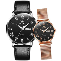OLEVS 2920 Day Date Quartz Couples Watch Set Men Women - Black Leather & Black Mesh Watch | Olevs Watch Store