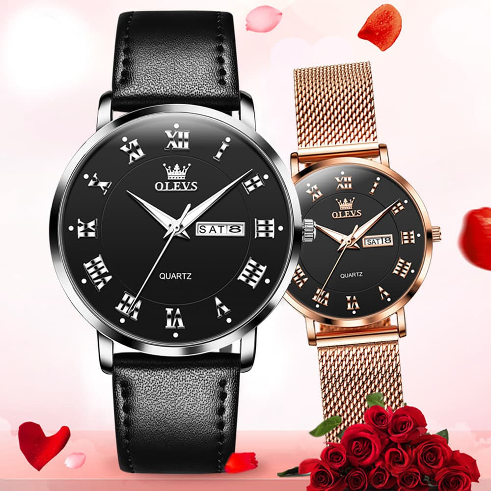 OLEVS 2920 Day Date Quartz Couples Watch Set Men Women - Black Leather & White Mesh Watch | Olevs Watch Store