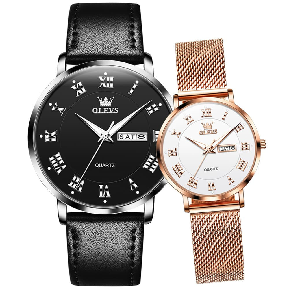 OLEVS 2920 Day Date Quartz Couples Watch Set Men Women - Black Leather & White Mesh Watch | Olevs Watch Store