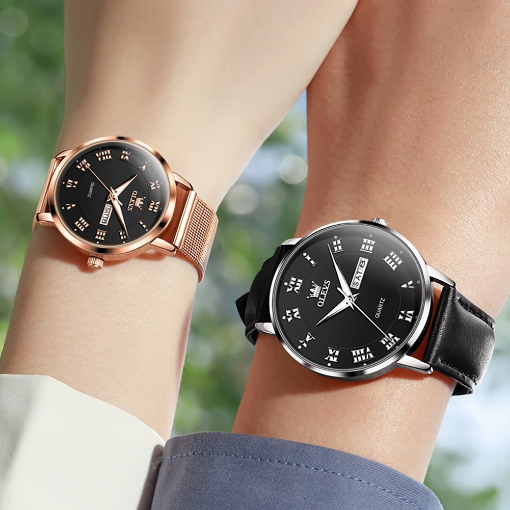 OLEVS 2920 Day Date Quartz Couples Watch Set Men Women - Black Leather & White Mesh Watch | Olevs Watch Store