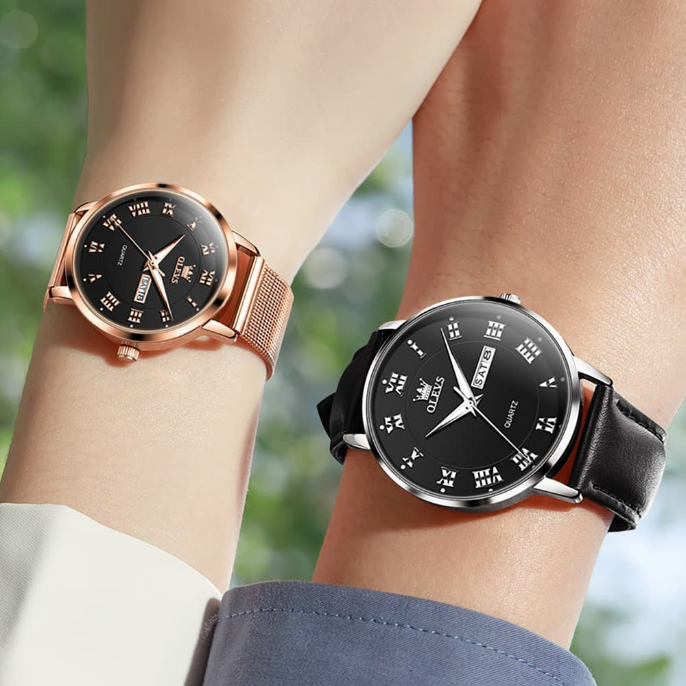 OLEVS 2920 Day Date Quartz Couples Watch Set Men Women - Black Leather & White Mesh Watch | Olevs Watch Store