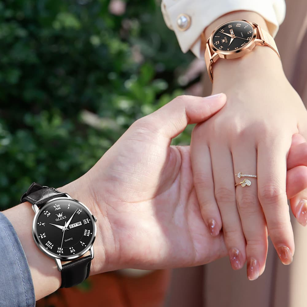 OLEVS 2920 Day Date Quartz Couples Watch Set Men Women - Black Leather & White Mesh Watch | Olevs Watch Store