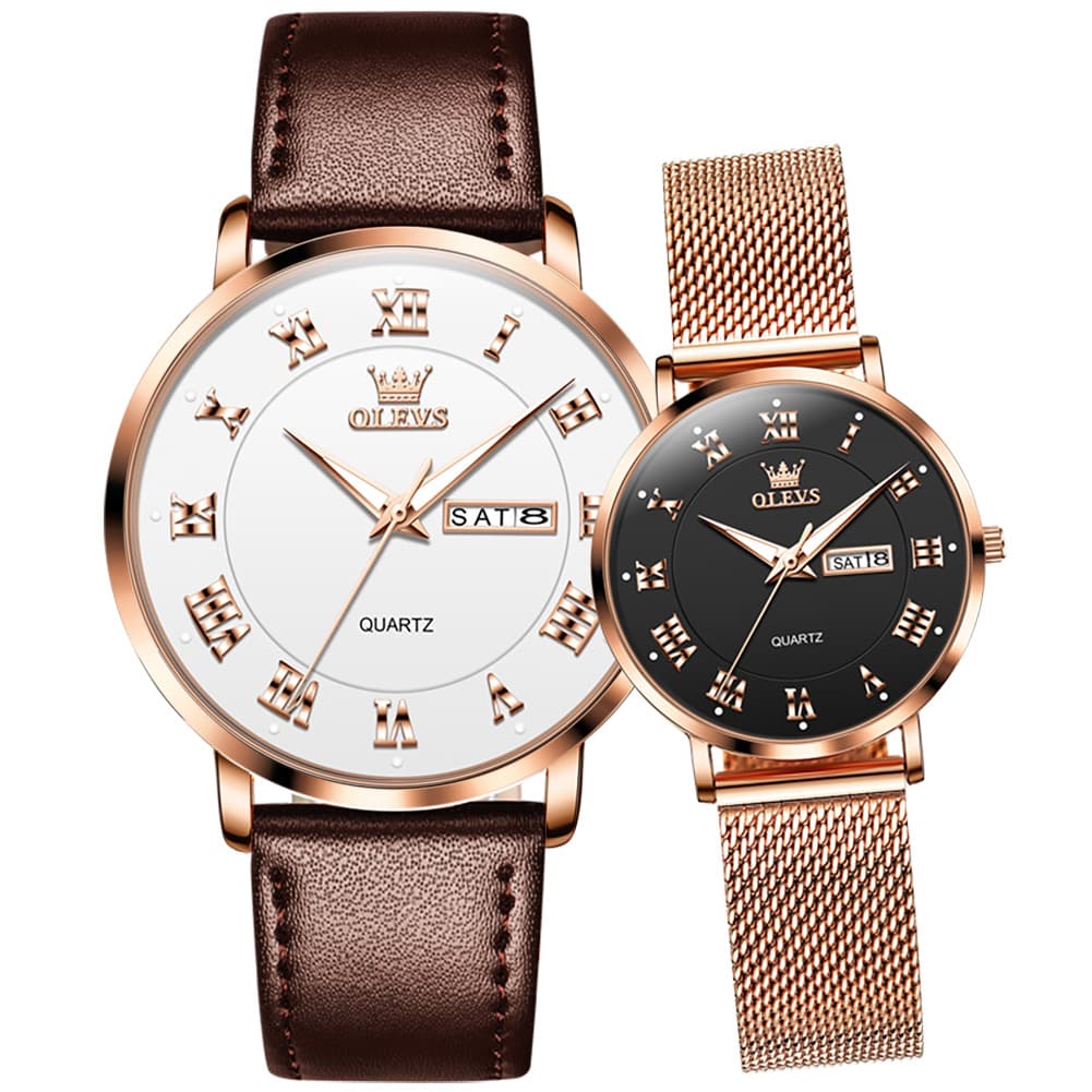 OLEVS 2920 Day Date Quartz Couples Watch Set Men Women - Brown Leather & Black Mesh Watch | Olevs Watch Store