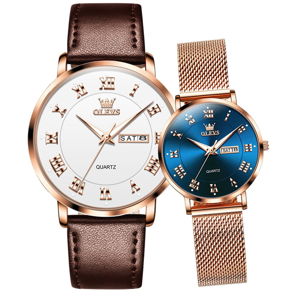 OLEVS 2920 Day Date Quartz Couples Watch Set Men Women - Brown Leather & Blue Mesh Watch | Olevs Watch Store
