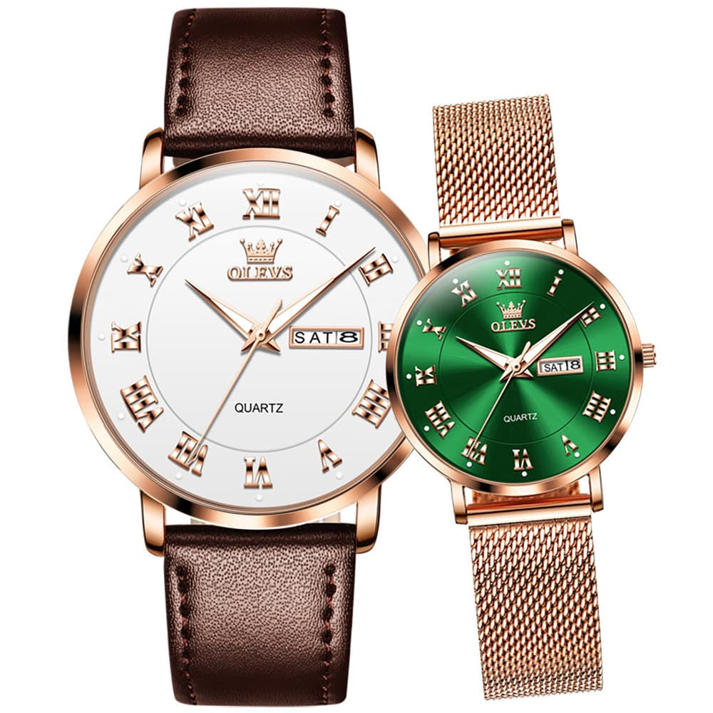 OLEVS 2920 Day Date Quartz Couples Watch Set Men Women - Brown Leather & Green Mesh Watch | Olevs Watch Store