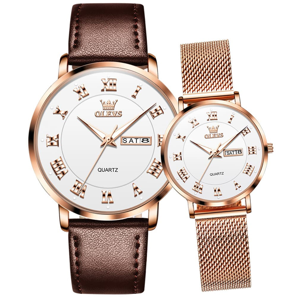 OLEVS 2920 Day Date Quartz Couples Watch Set Men Women - Brown Leather & White Mesh Watch | Olevs Watch Store