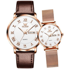 OLEVS 2920 Day Date Quartz Couples Watch Set Men Women - Brown Leather & White Mesh Watch | Olevs Watch Store