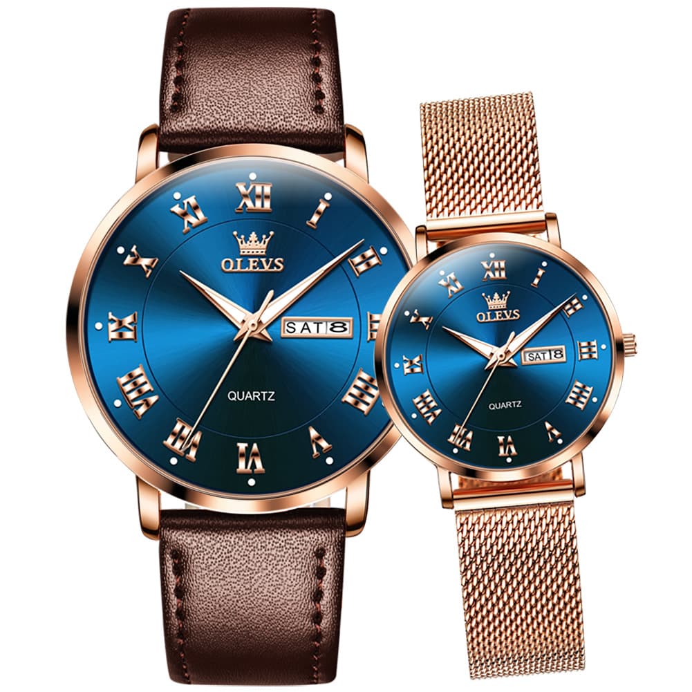 OLEVS 2920 Day Date Quartz Couples Watch Set Men Women - Blue Dial & Blue Mesh Watch | Olevs Watch Store