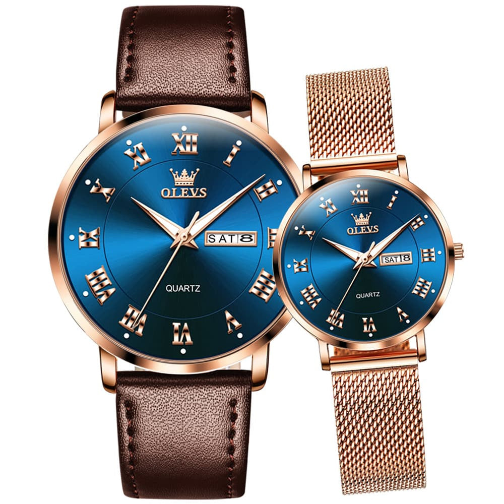 OLEVS 2920 Day Date Quartz Couples Watch Set Men Women - Blue Dial & Blue Mesh Watch | Olevs Watch Store