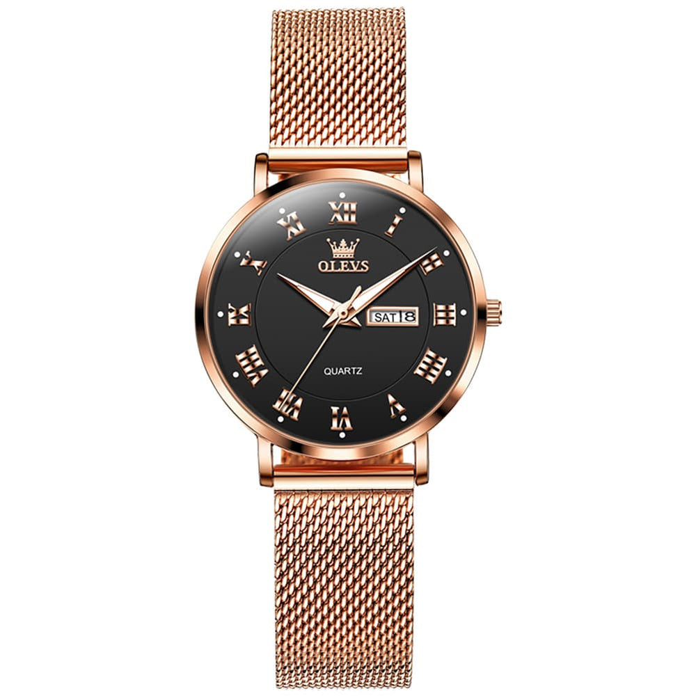 OLEVS 2920 Day Date Quartz Couples Watch Set Men Women - Rose Gold Black Watch | Olevs Watch Store
