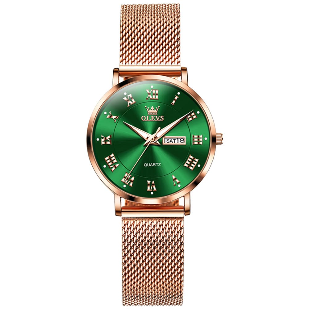 OLEVS 2920 Day Date Quartz Couples Watch Set Men Women - Rose Gold Green Watch | Olevs Watch Store