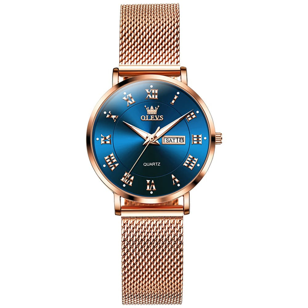 OLEVS 2920 Day Date Quartz Couples Watch Set Men Women - Rose Gold Blue Watch | Olevs Watch Store
