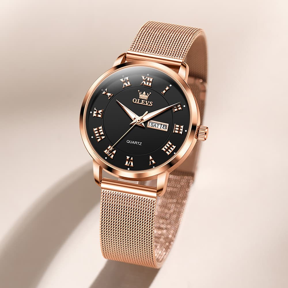 OLEVS 2920 Day Date Quartz Couples Watch Set Men Women - Rose Gold Blue Watch | Olevs Watch Store
