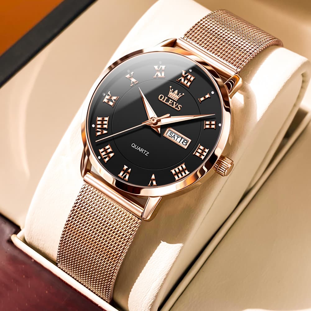 OLEVS 2920 Day Date Quartz Couples Watch Set Men Women - Rose Gold Blue Watch | Olevs Watch Store