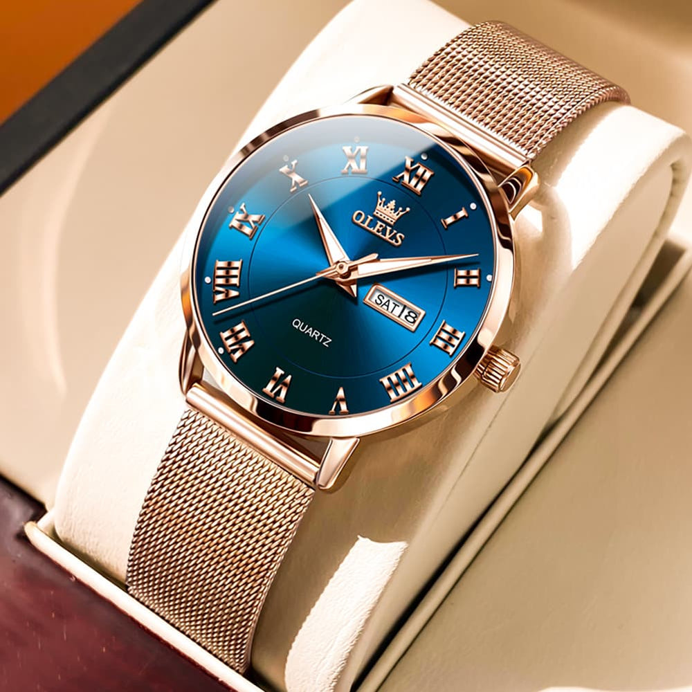 OLEVS 2920 Day Date Quartz Couples Watch Set Men Women - Rose Gold Blue Watch | Olevs Watch Store