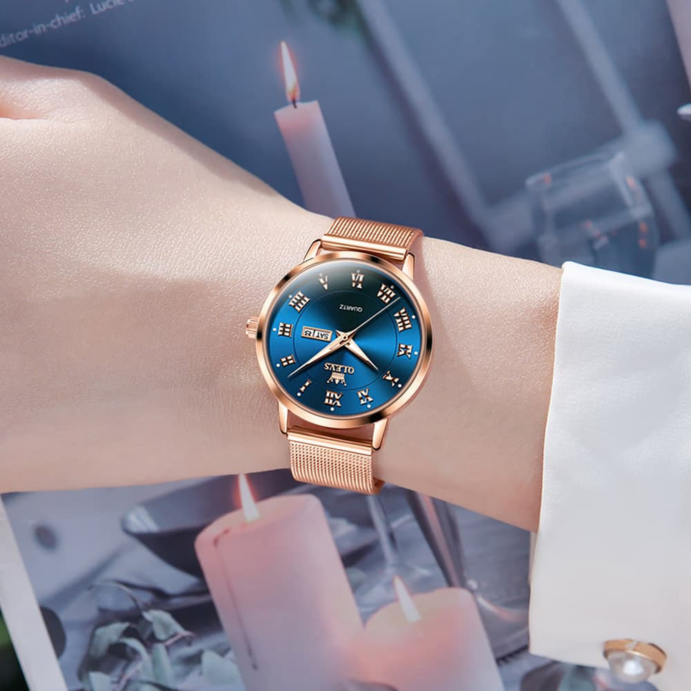 OLEVS 2920 Day Date Quartz Couples Watch Set Men Women - Rose Gold Blue Watch | Olevs Watch Store
