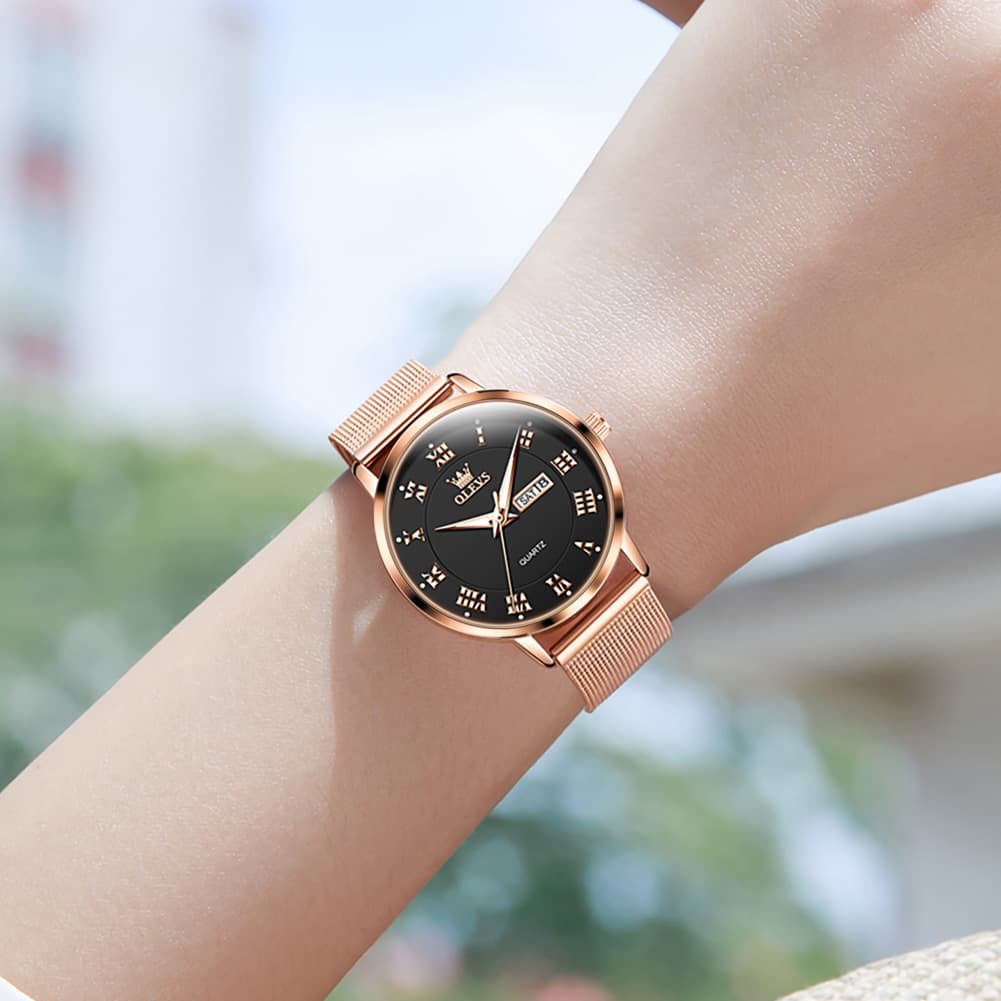 OLEVS 2920 Day Date Quartz Couples Watch Set Men Women - Rose Gold Blue Watch | Olevs Watch Store