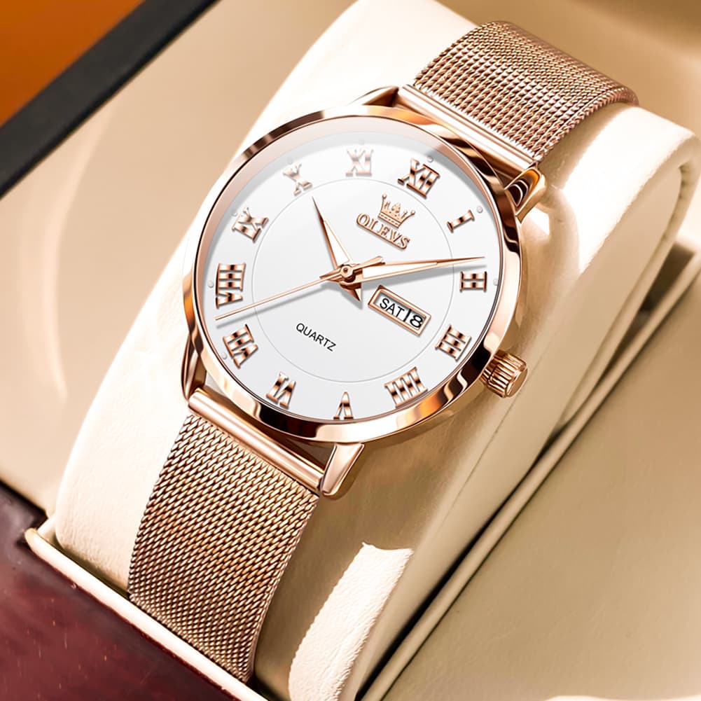 OLEVS 2920 Day Date Quartz Couples Watch Set Men Women - Rose Gold Blue Watch | Olevs Watch Store