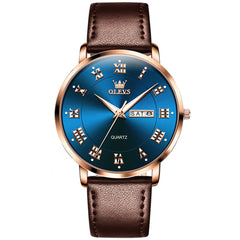 OLEVS 2920 Ultra Light Leather Day Date Quartz Watch for Men - Rose Gold Blue Watch | Olevs Watch Store