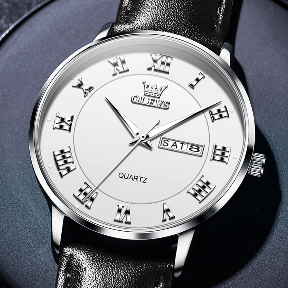 OLEVS 2920 Ultra Light Leather Day Date Quartz Watch for Men - Rose Gold White Watch | Olevs Watch Store