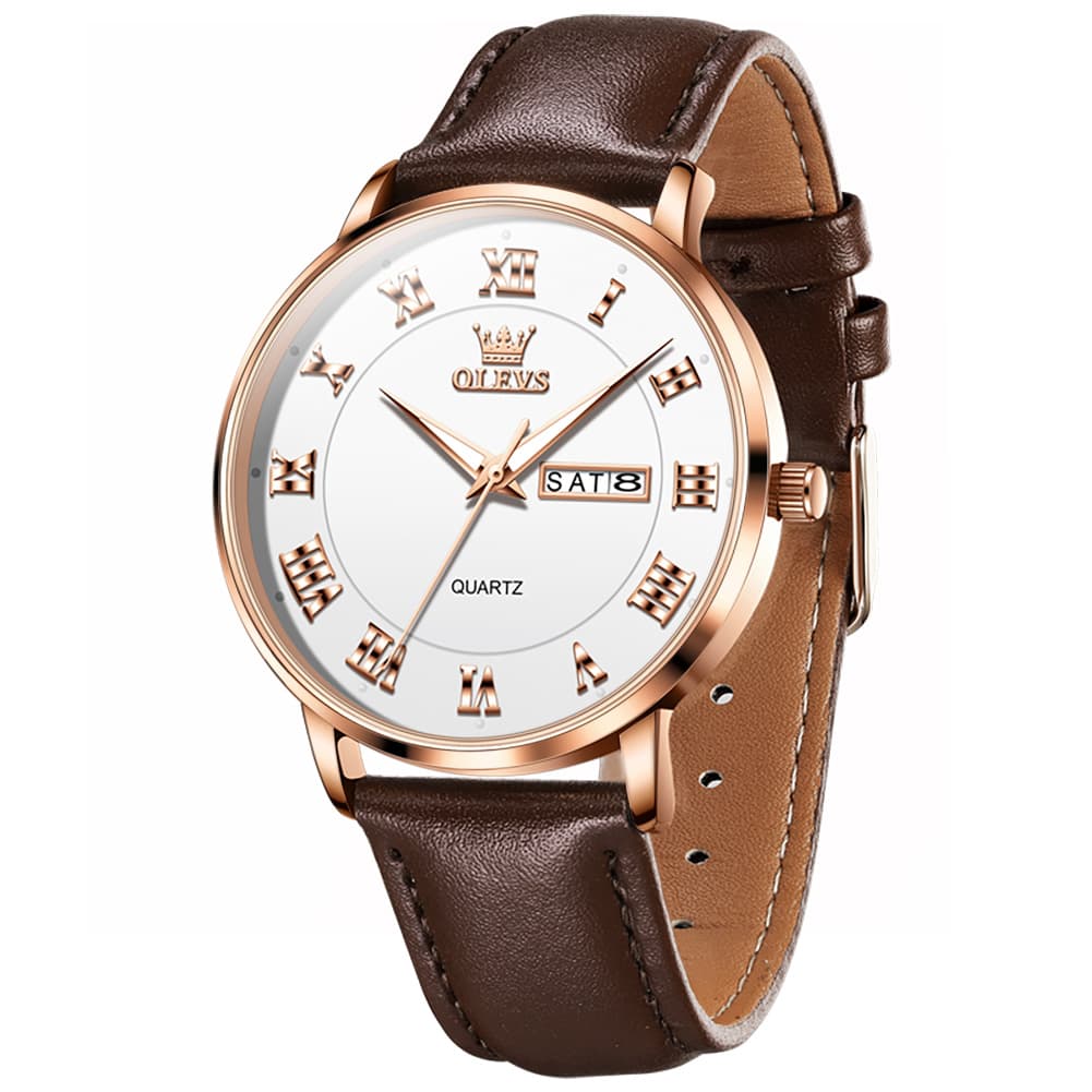 OLEVS 2920 Ultra Light Leather Day Date Quartz Watch for Men - Rose Gold White Watch | Olevs Watch Store