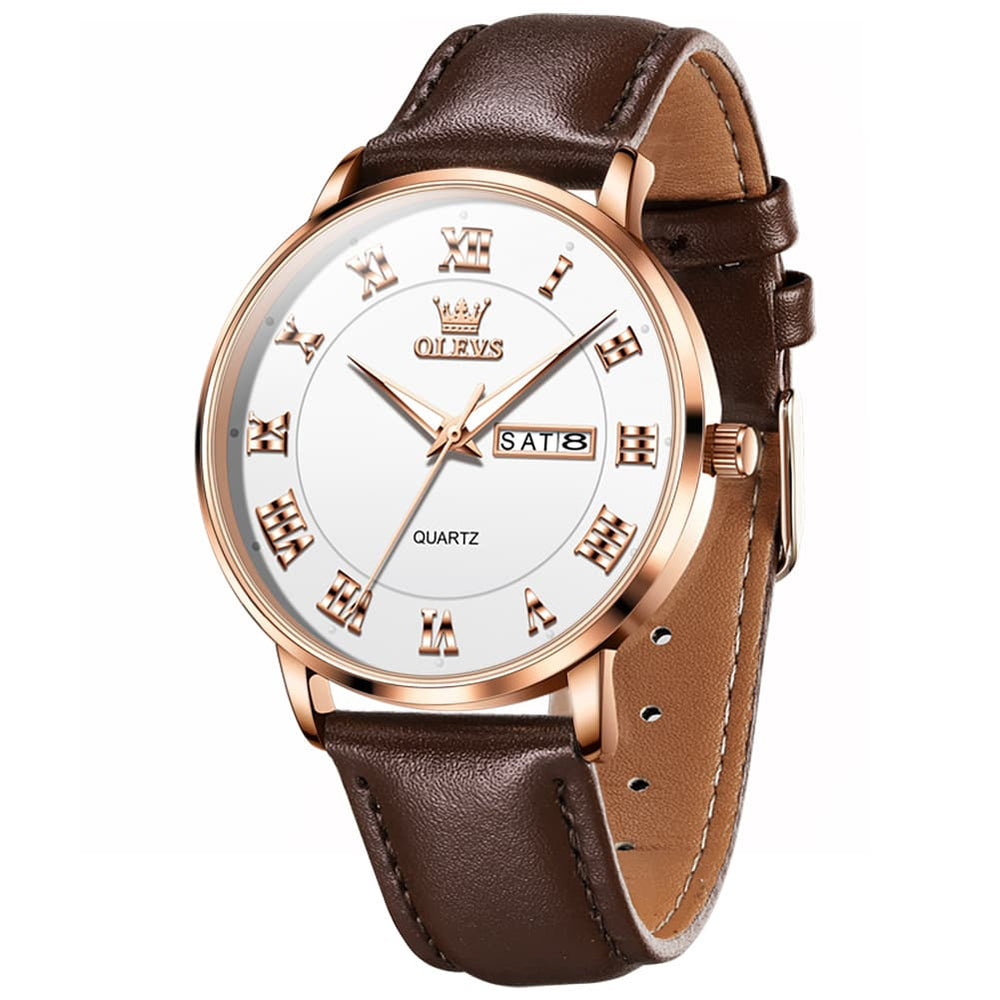 OLEVS 2920 Ultra Light Leather Day Date Quartz Watch for Men - Rose Gold White Watch | Olevs Watch Store
