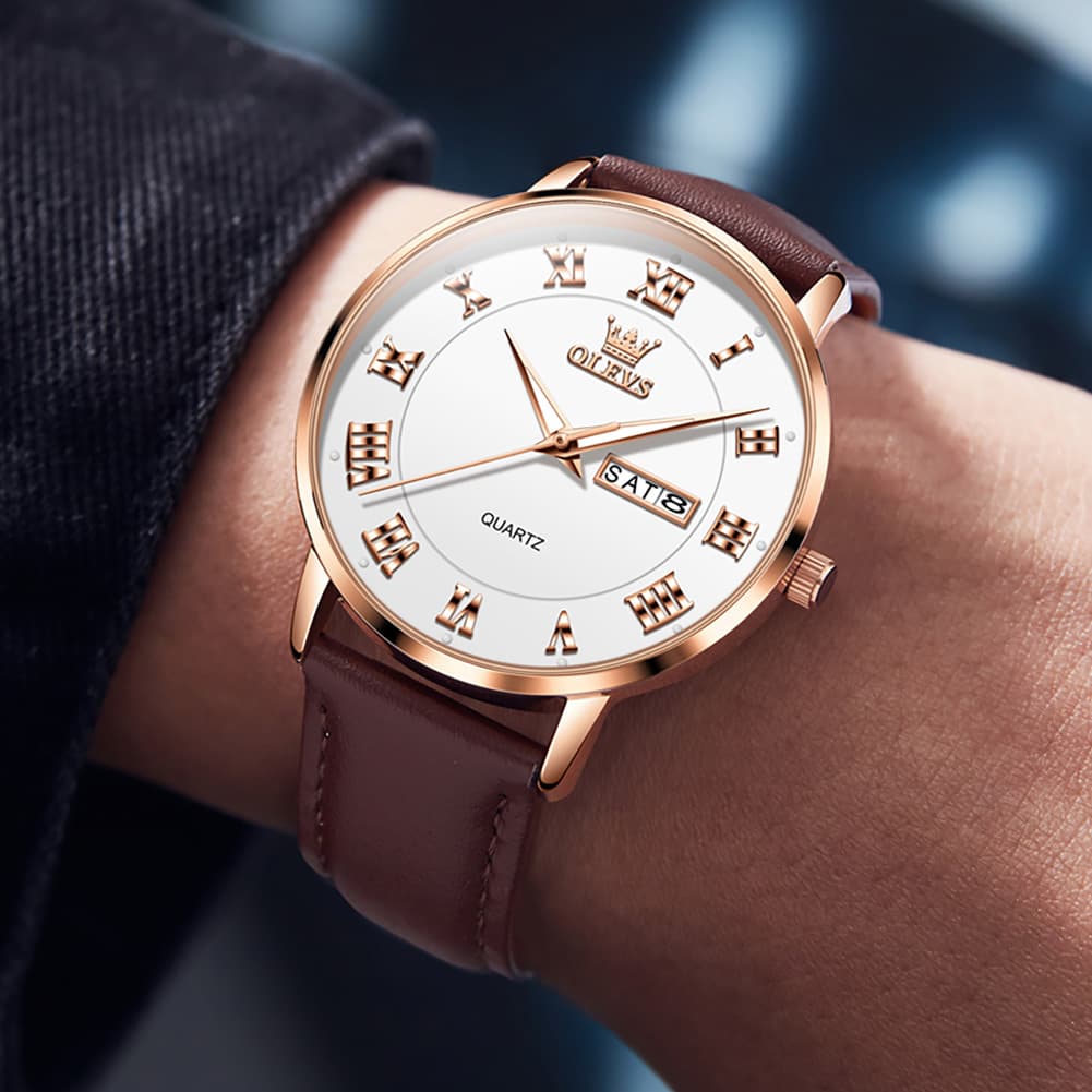 OLEVS 2920 Ultra Light Leather Day Date Quartz Watch for Men - Rose Gold White Watch | Olevs Watch Store
