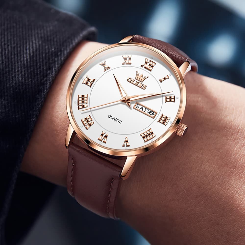 OLEVS 2920 Ultra Light Leather Day Date Quartz Watch for Men - Rose Gold White Watch | Olevs Watch Store
