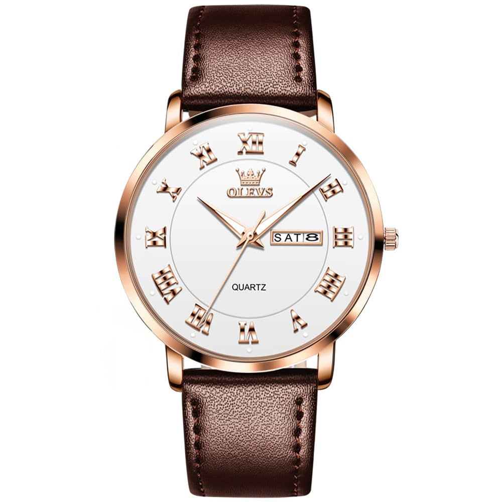 OLEVS 2920 Ultra Light Leather Day Date Quartz Watch for Men - Rose Gold White Watch | Olevs Watch Store