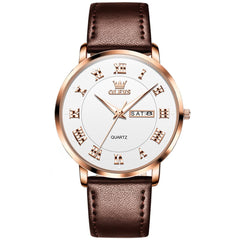 OLEVS 2920 Ultra Light Leather Day Date Quartz Watch for Men - Rose Gold White Watch | Olevs Watch Store