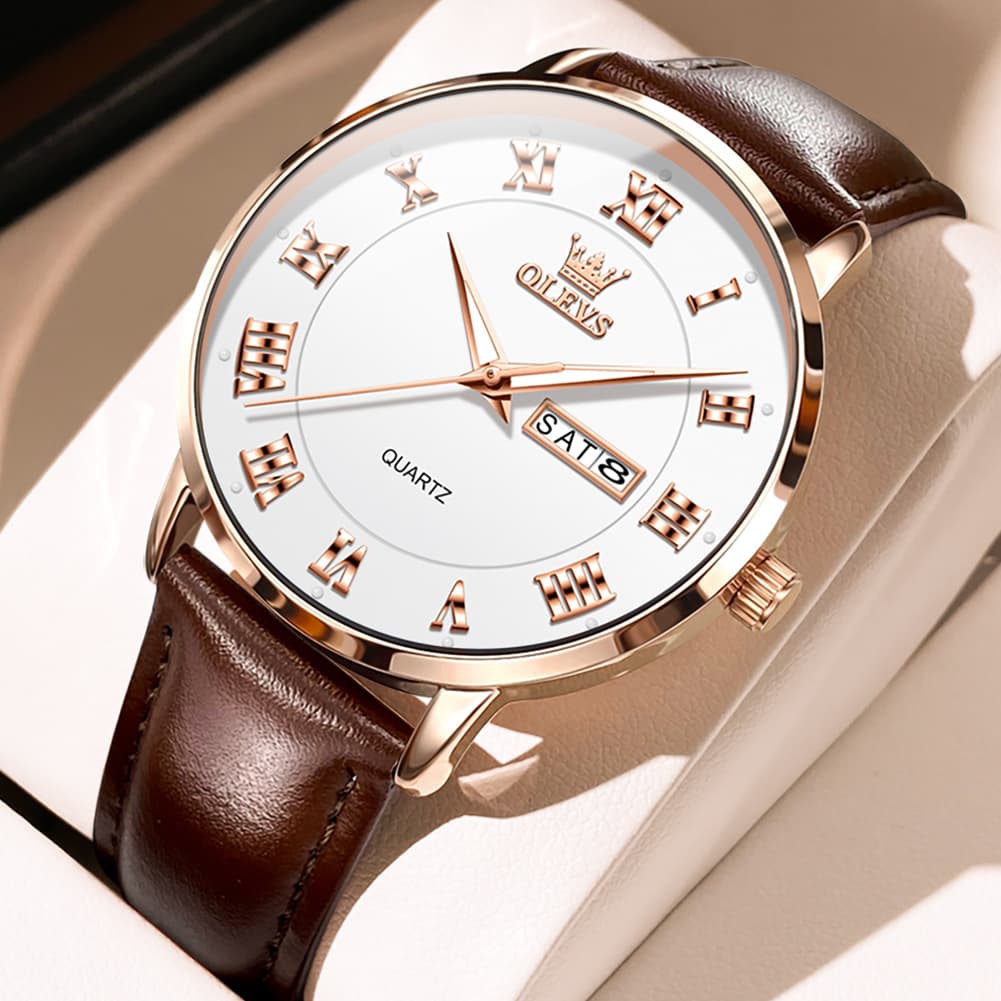 OLEVS 2920 Ultra Light Leather Day Date Quartz Watch for Men - Rose Gold White Watch | Olevs Watch Store