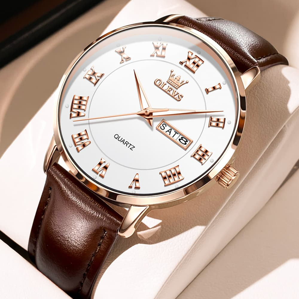 OLEVS 2920 Ultra Light Leather Day Date Quartz Watch for Men - Rose Gold White Watch | Olevs Watch Store