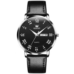 OLEVS 2920 Ultra Light Leather Day Date Quartz Watch for Men - Silver Black Watch | Olevs Watch Store
