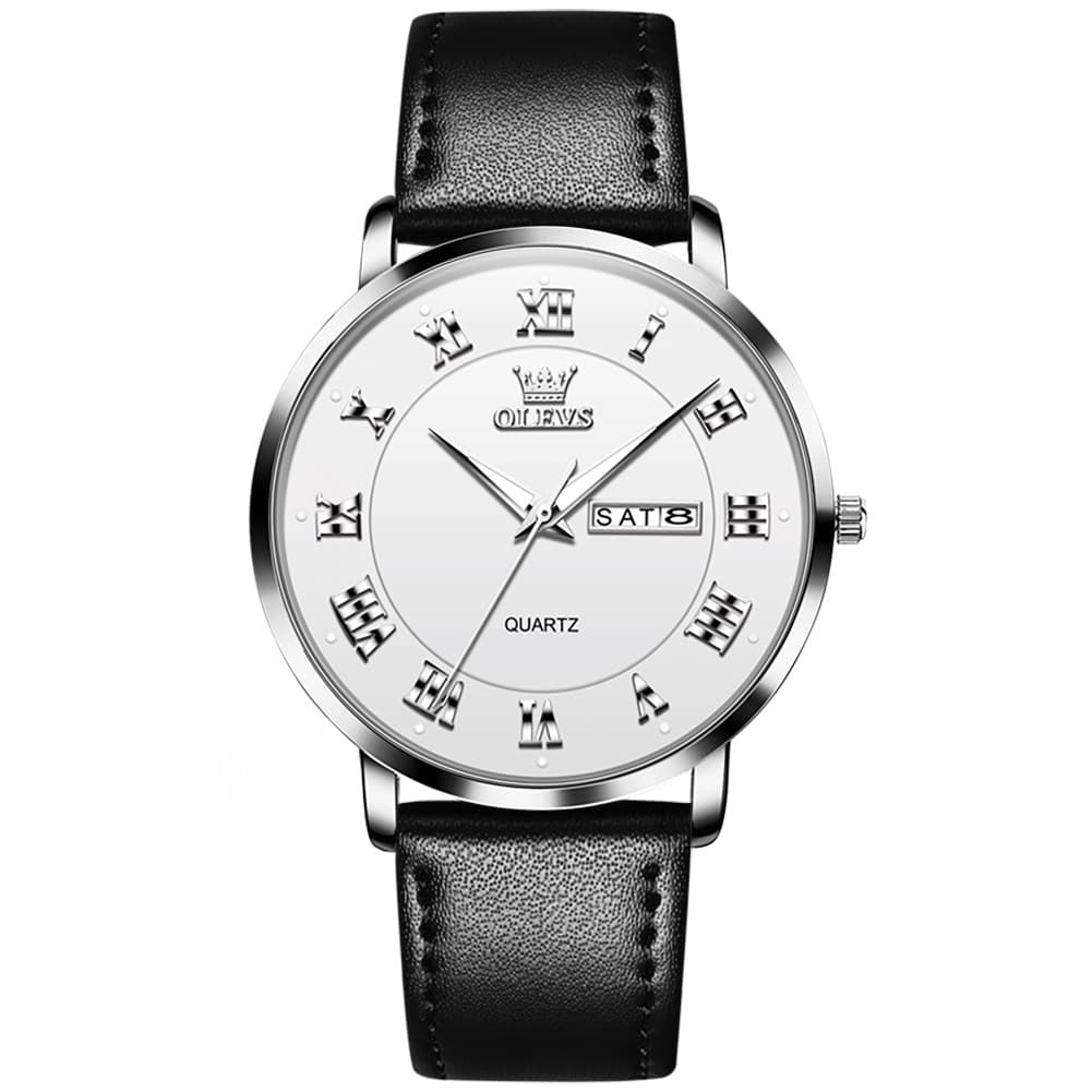 OLEVS 2920 Ultra Light Leather Day Date Quartz Watch for Men - Silver White Watch | Olevs Watch Store