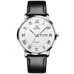OLEVS 2920 Ultra Light Leather Day Date Quartz Watch for Men - Silver White Watch | Olevs Watch Store