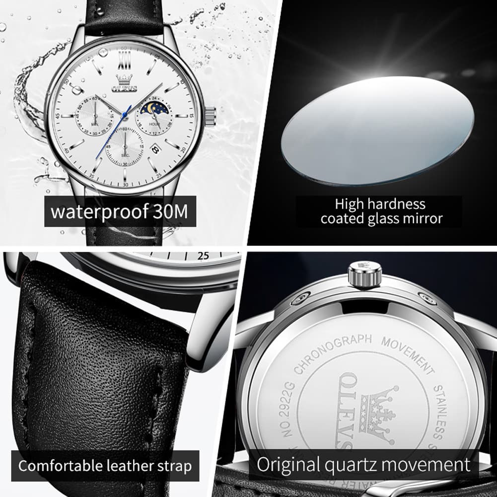 OLEVS 2922 Moon Phase Leather Dress Watch For Men - Black Silver Watch | Olevs Watch Store