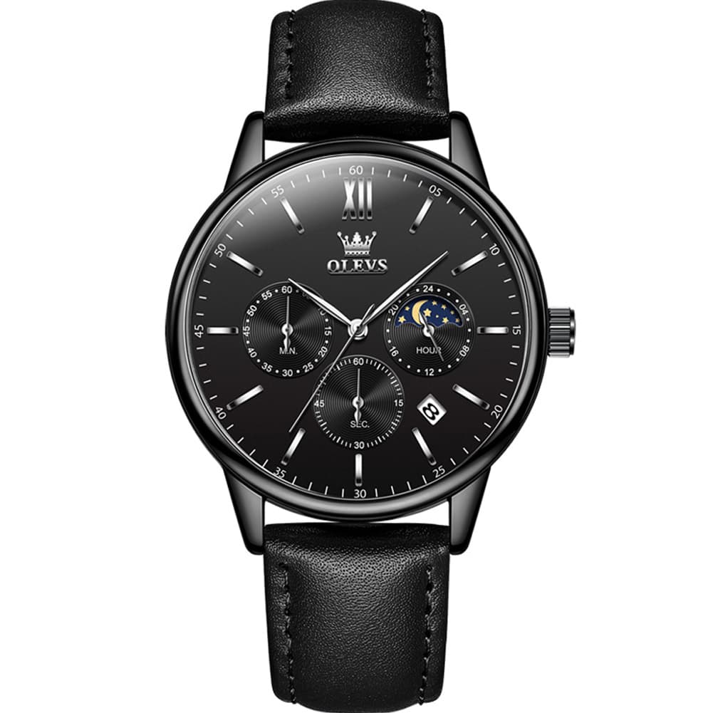 OLEVS 2922 Moon Phase Leather Dress Watch For Men - Black Silver Watch | Olevs Watch Store