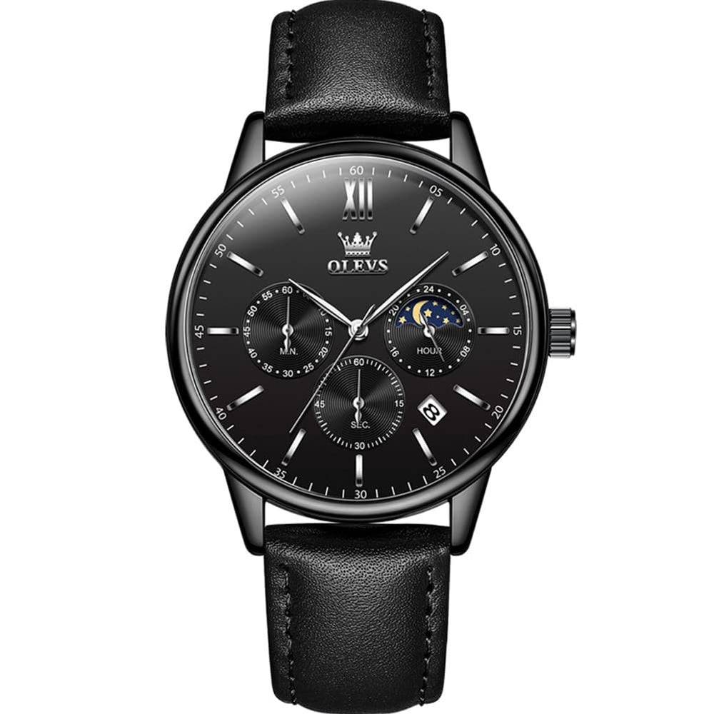 OLEVS 2922 Moon Phase Leather Dress Watch For Men - Black Silver Watch | Olevs Watch Store