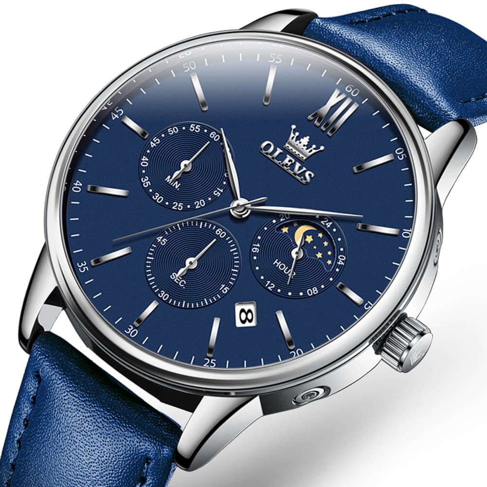 OLEVS 2922 Moon Phase Leather Dress Watch For Men - Black Silver Watch | Olevs Watch Store