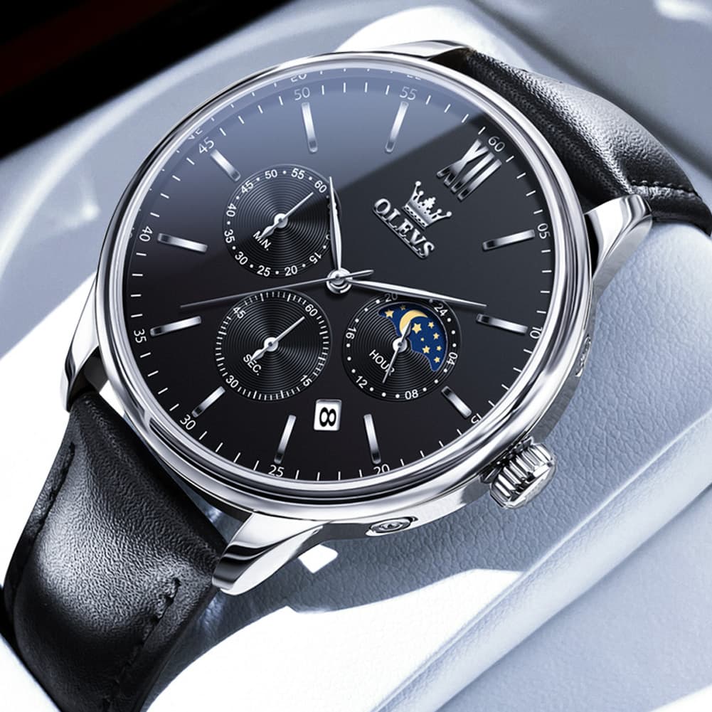 OLEVS 2922 Moon Phase Leather Dress Watch For Men - Black Silver Watch | Olevs Watch Store