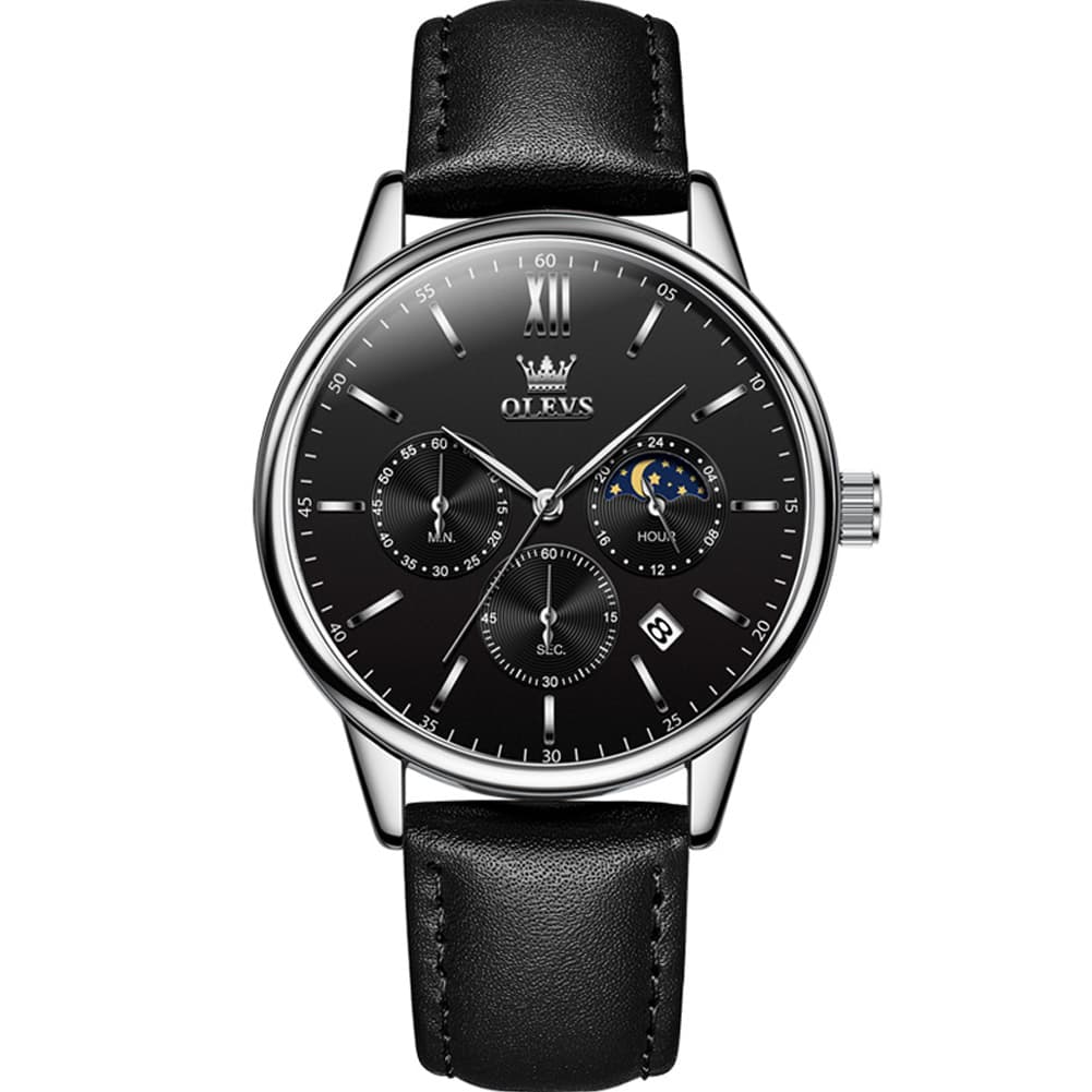 OLEVS 2922 Moon Phase Leather Dress Watch For Men - Black Silver Watch | Olevs Watch Store